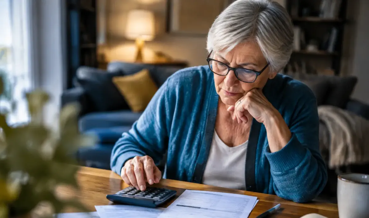 Femme agee assise devant des factures et une calculatrice