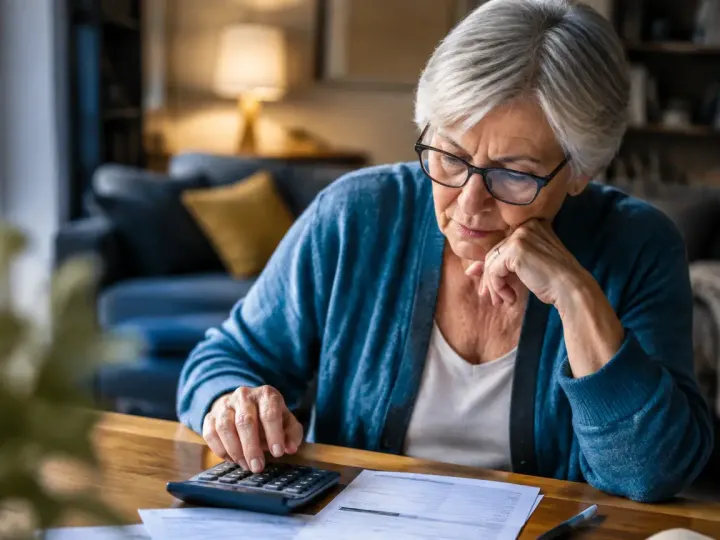 Femme agee assise devant des factures et une calculatrice