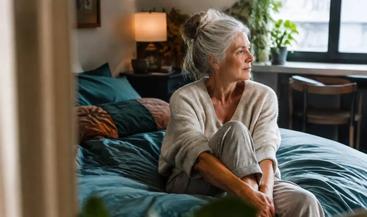 Femme agee assise sur un lit dans un studio