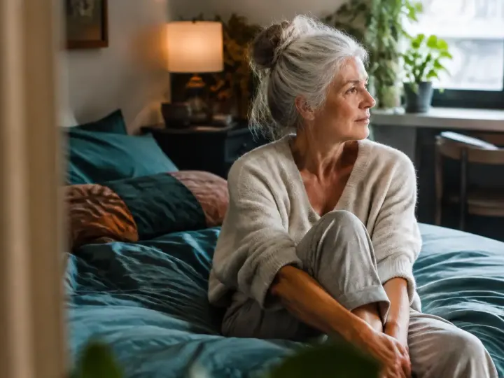 Femme agee assise sur un lit dans un studio