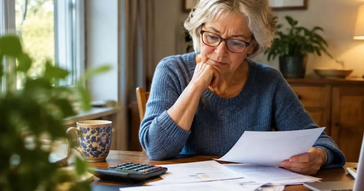 Femme agee assise devant pile de factures et calculatrice
