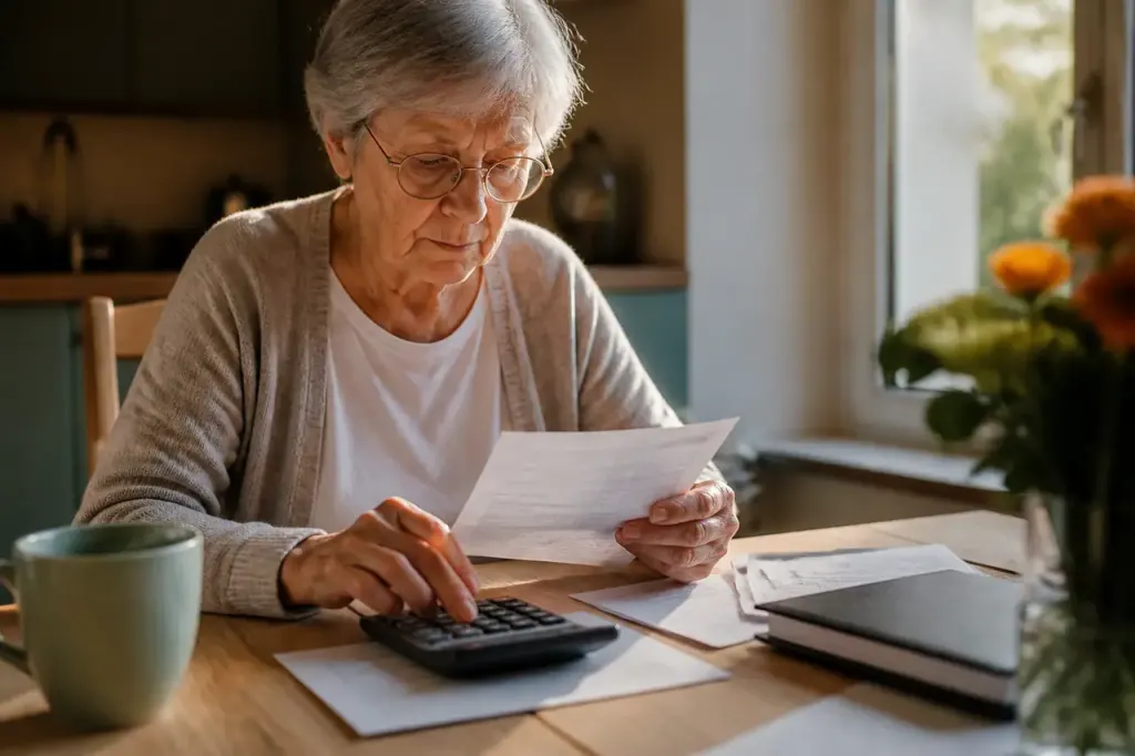 Femme agee comptant ses factures sur une table