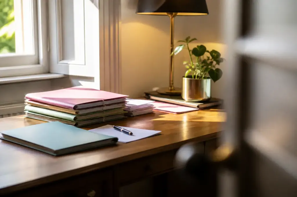 Femme assise devant un bureau avec dossiers et stylo