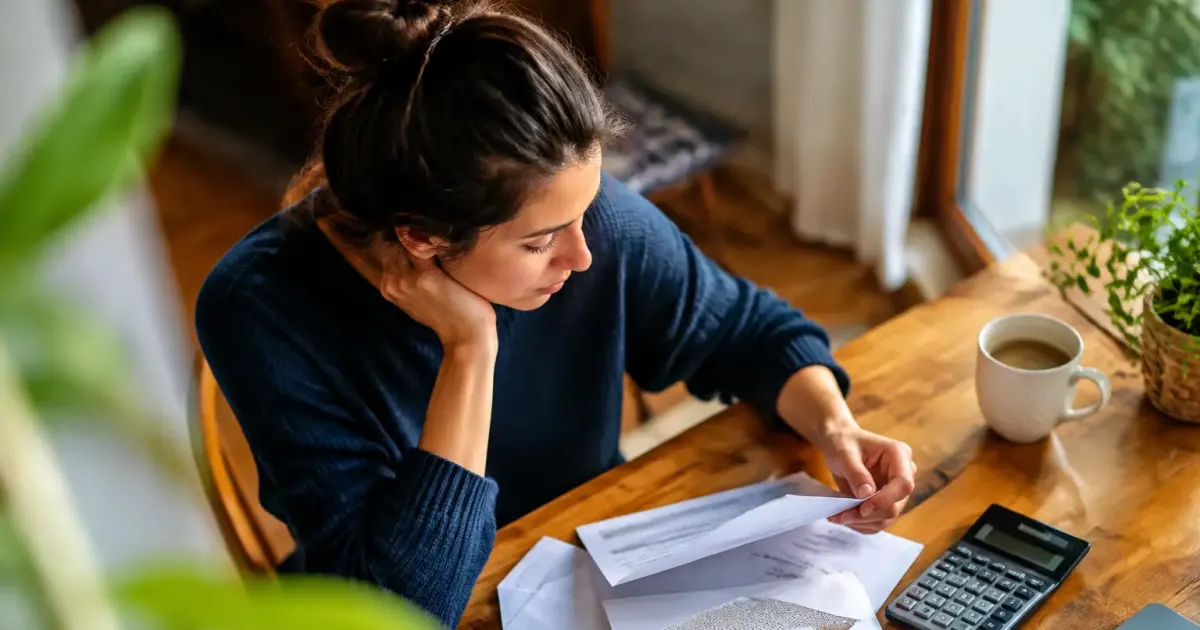 Femme assise, courrier ouvert et calculatrice sur bureau