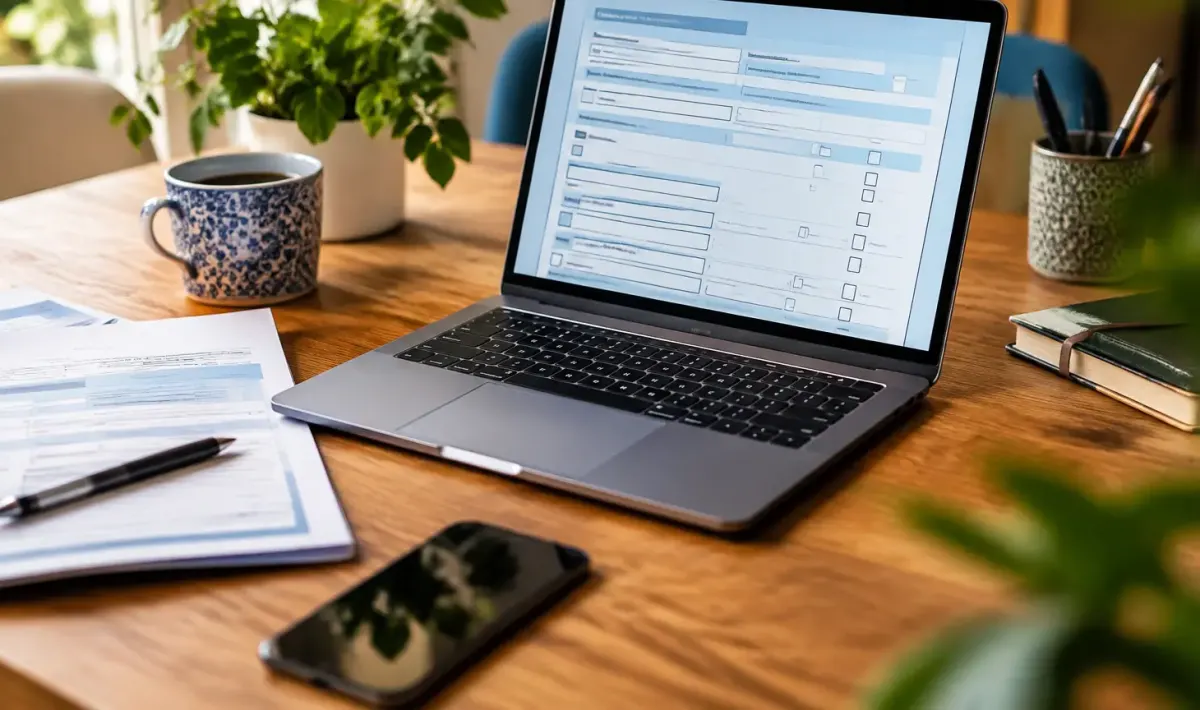 Femme assise devant un ordinateur portable, formulaire fiscal affiche