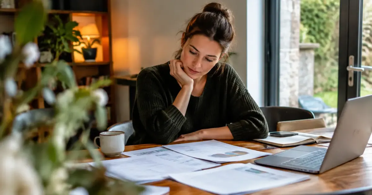Femme assise seule a table devant des documents etales