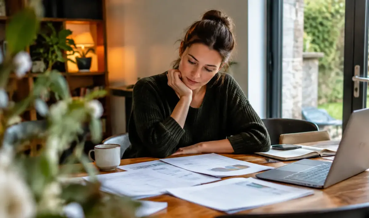 Femme assise seule a table devant des documents etales