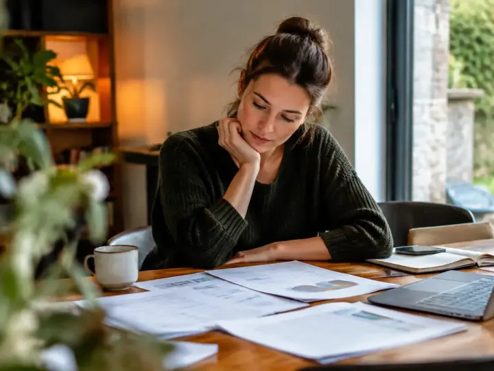 Femme assise seule a table devant des documents etales