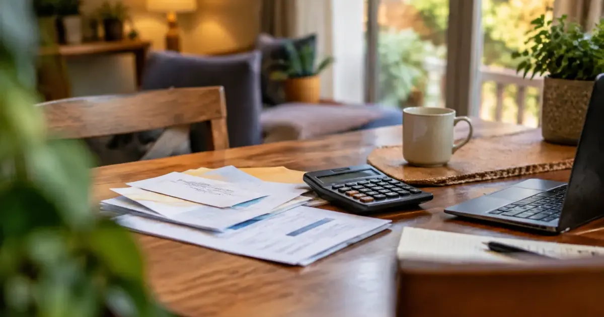 Femme assise devant une table avec factures et calculatrice