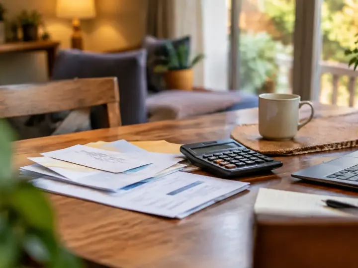 Femme assise devant une table avec factures et calculatrice