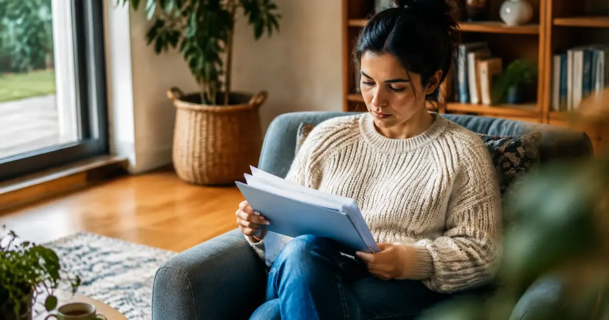 Une femme assise seule tenant un dossier de papiers