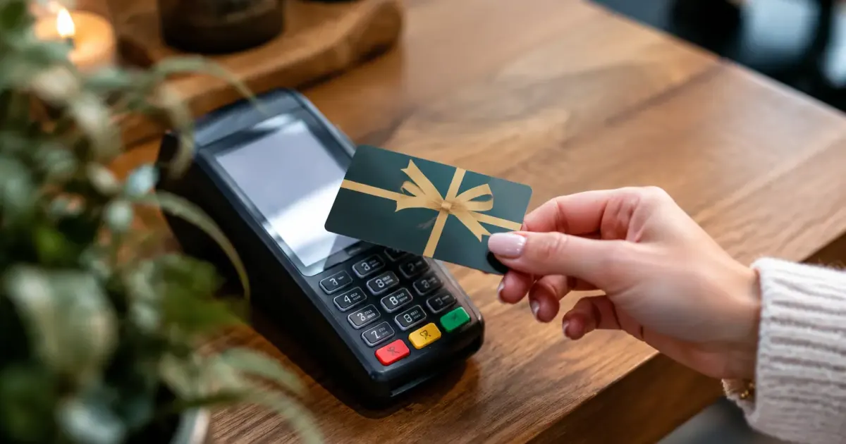 Femme tenant une carte cadeau devant un terminal