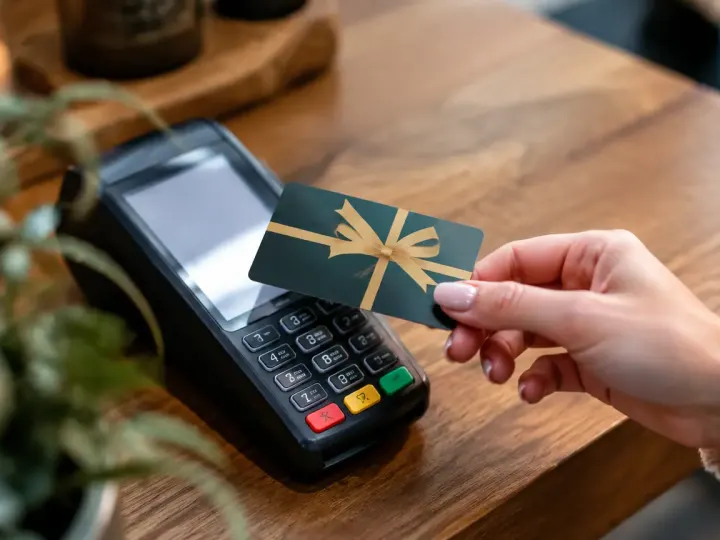 Femme tenant une carte cadeau devant un terminal