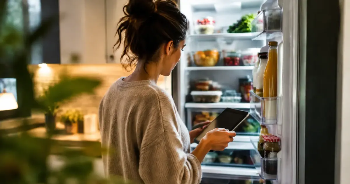 Femme debout devant frigo ouvert tablette en main