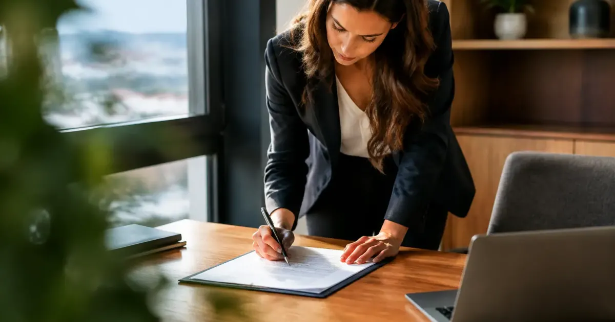 Une femme debout signe un contrat sur un bureau