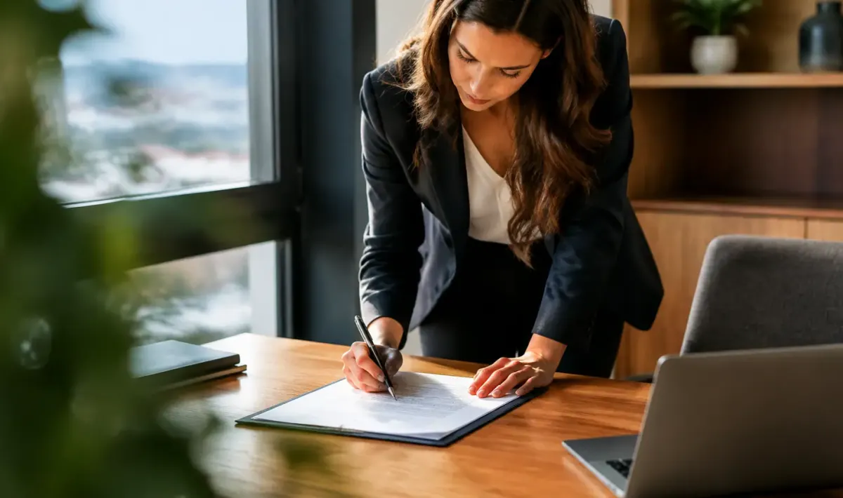 Une femme debout signe un contrat sur un bureau