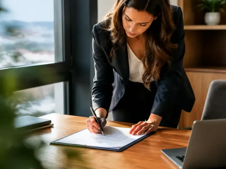Une femme debout signe un contrat sur un bureau