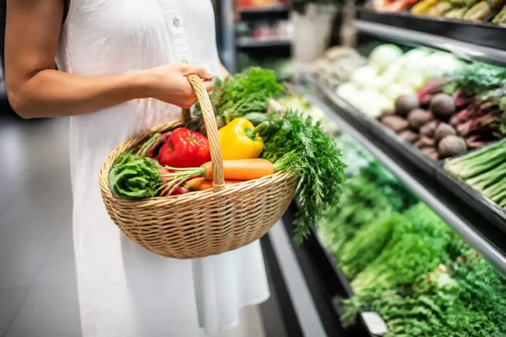 Femme tenant un panier de legumes au supermarche