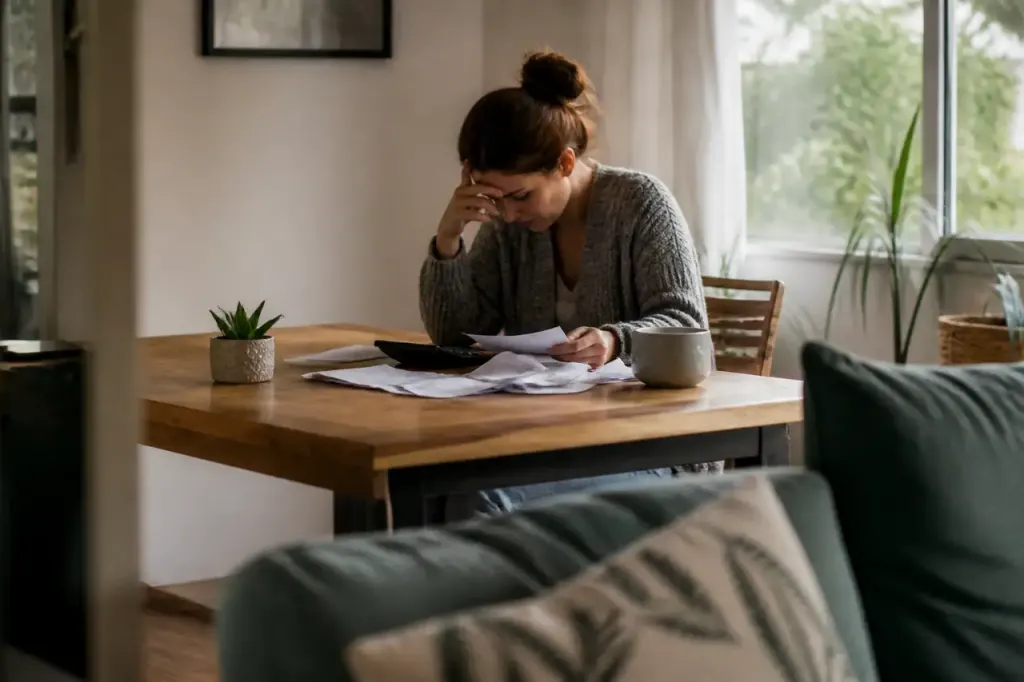 Femme seule devant une table avec calculatrice et factures
