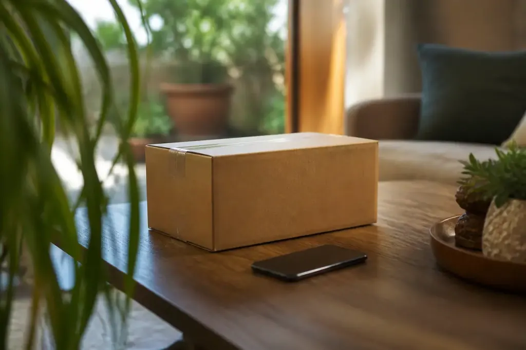 Femme tenant un smartphone devant un colis en carton