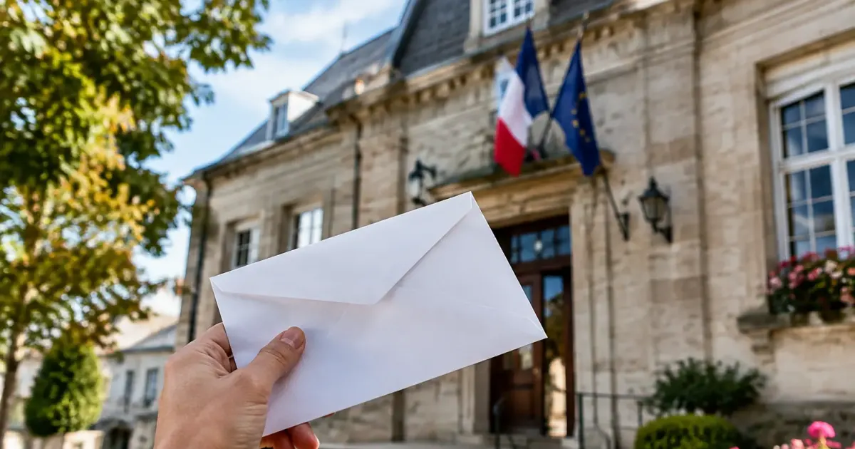 Une femme tient une enveloppe devant la mairie