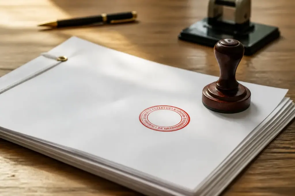 Feuille officielle avec tampon rouge sur bureau en bois