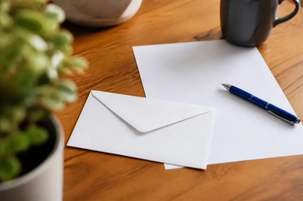 Feuille, stylo bleu et enveloppe blanche sur bureau
