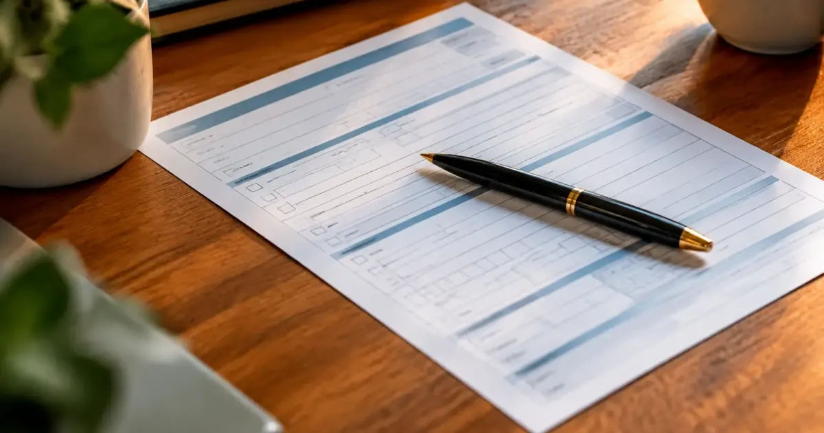 Formulaire bancaire pose sur un bureau avec stylo