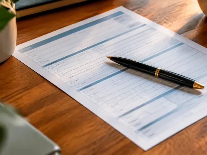 Formulaire bancaire pose sur un bureau avec stylo
