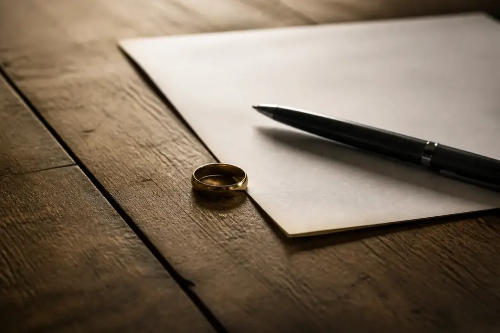 Formulaire papier stylo et alliance sur table en bois