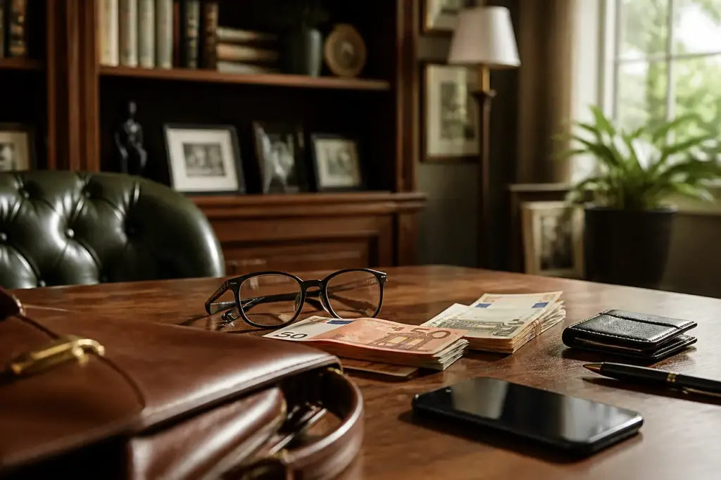 Homme age aux lunettes comptant ses billets sur table