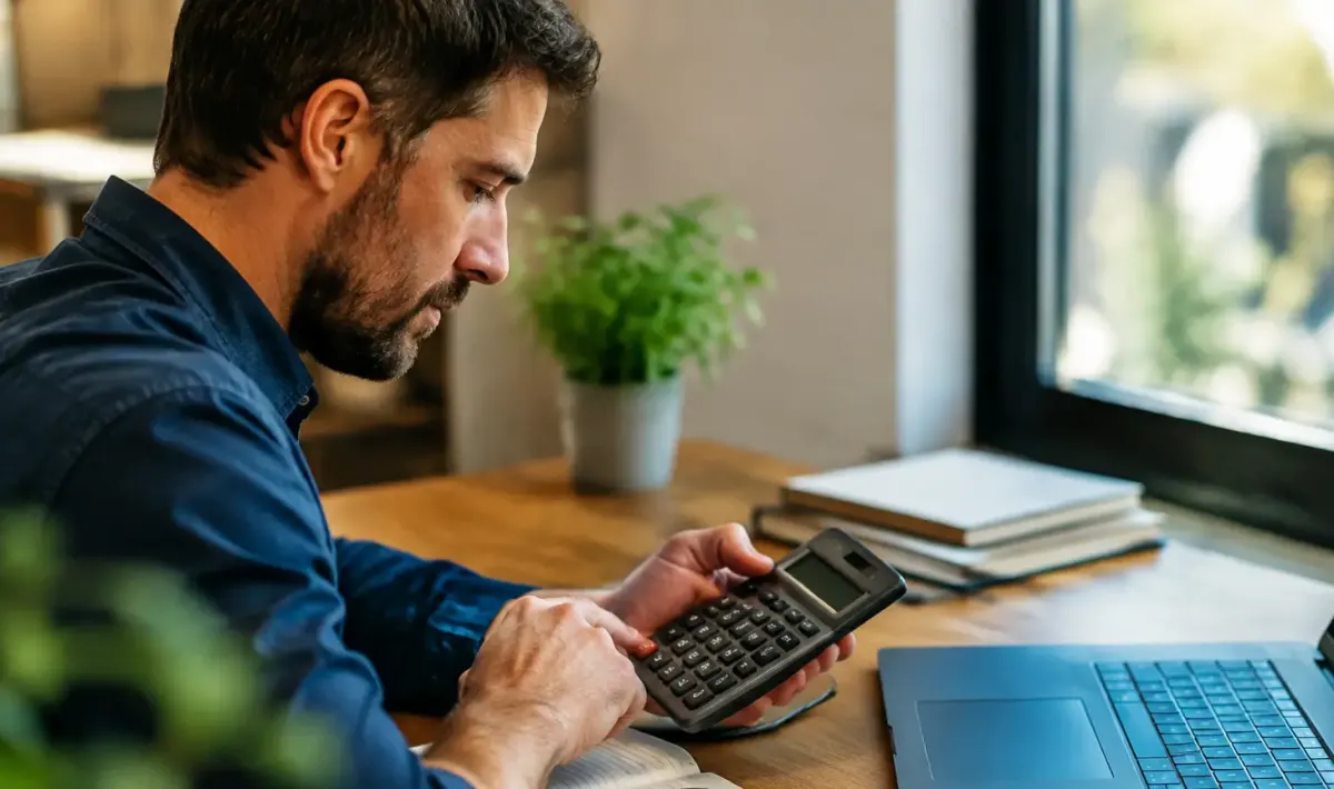 Homme assis a un bureau tenant une calculatrice