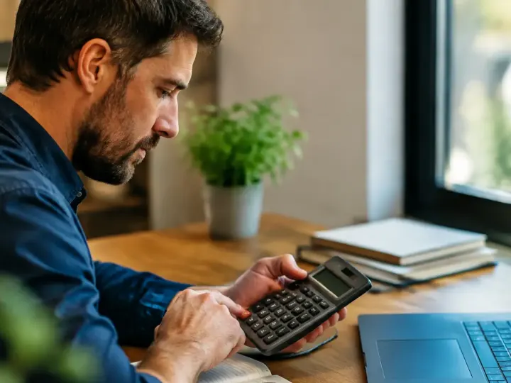 Homme assis a un bureau tenant une calculatrice