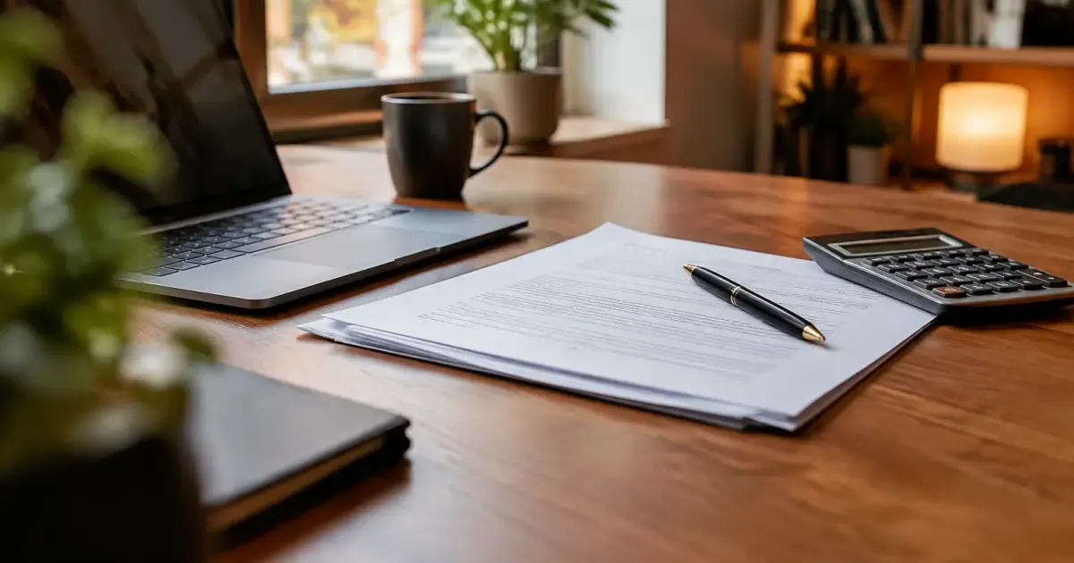 Homme assis devant un bureau avec contrat et calculatrice