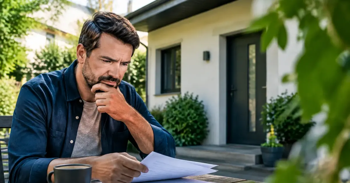 Homme assis examinant des factures devant une maison