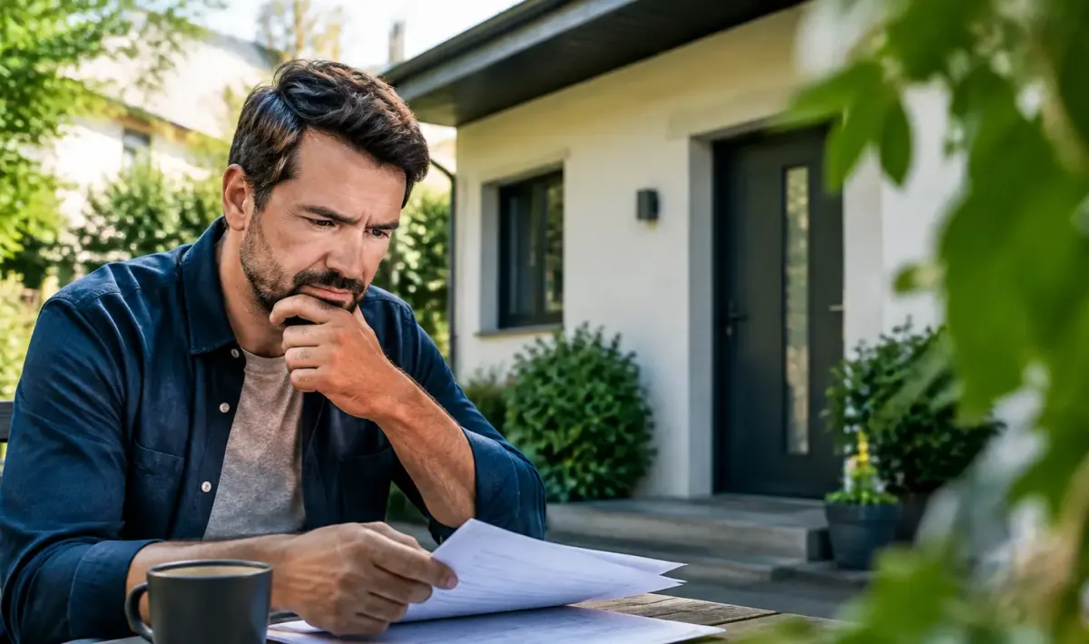 Homme assis examinant des factures devant une maison