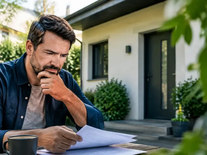 Homme assis examinant des factures devant une maison