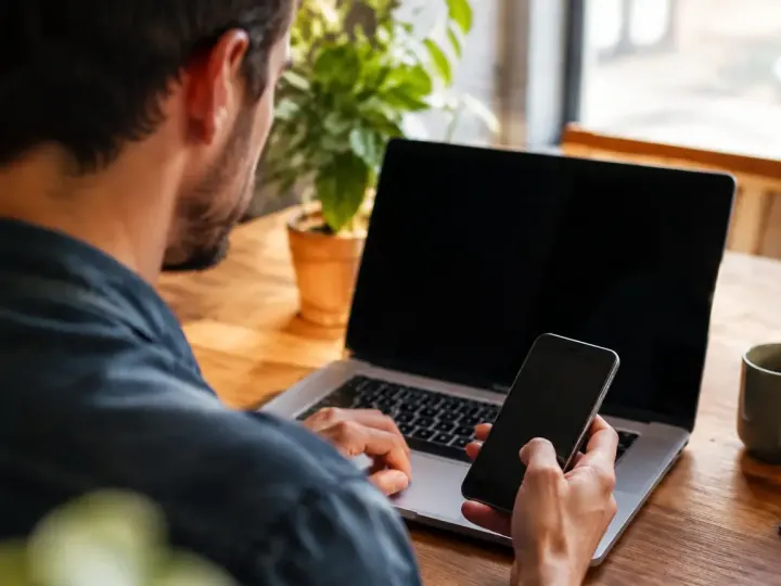 Homme assis tenant un telephone devant un ordinateur portable