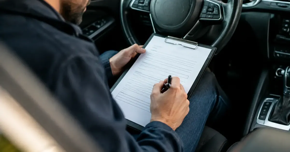 Un homme assis au volant signe un formulaire papier