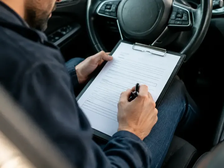 Un homme assis au volant signe un formulaire papier