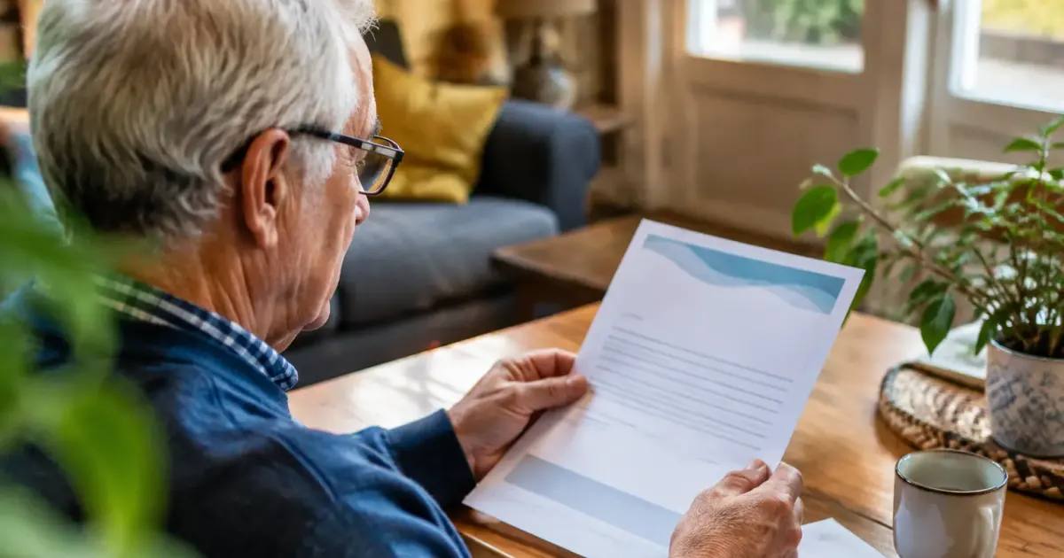 Homme retraite assis lisant un courrier de mutuelle