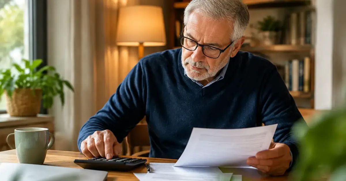 Homme senior assis examine un contrat avec calculatrice