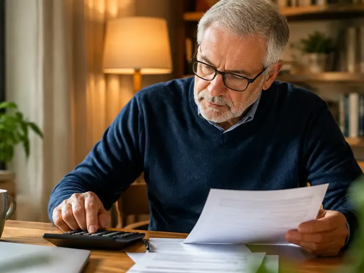 Homme senior assis examine un contrat avec calculatrice