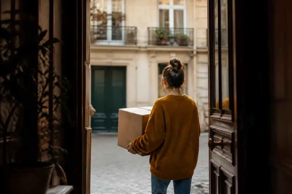 Jeune locataire portant un carton devant un immeuble ancien