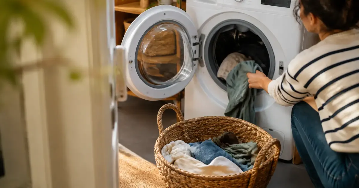 Lave-linge blanc ouvert, panier de linge au sol