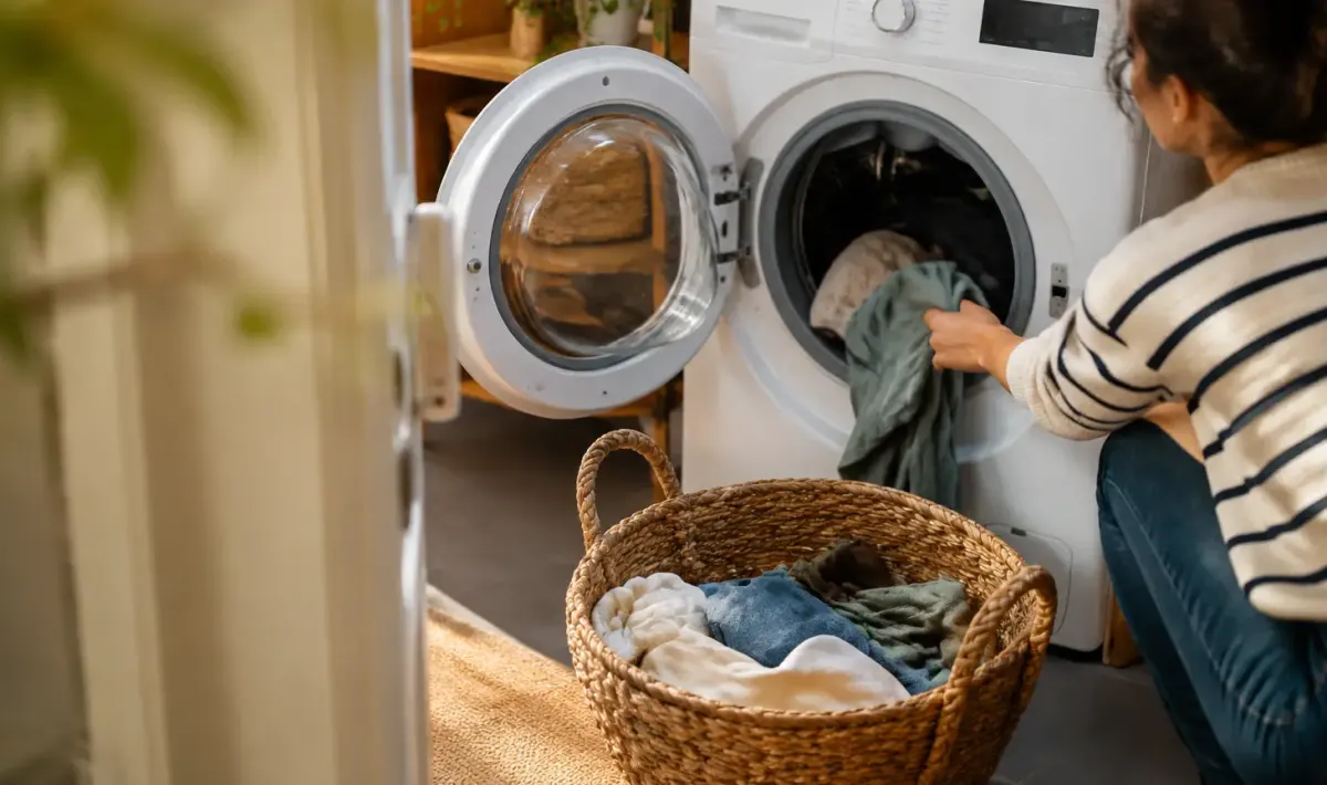 Lave-linge blanc ouvert, panier de linge au sol
