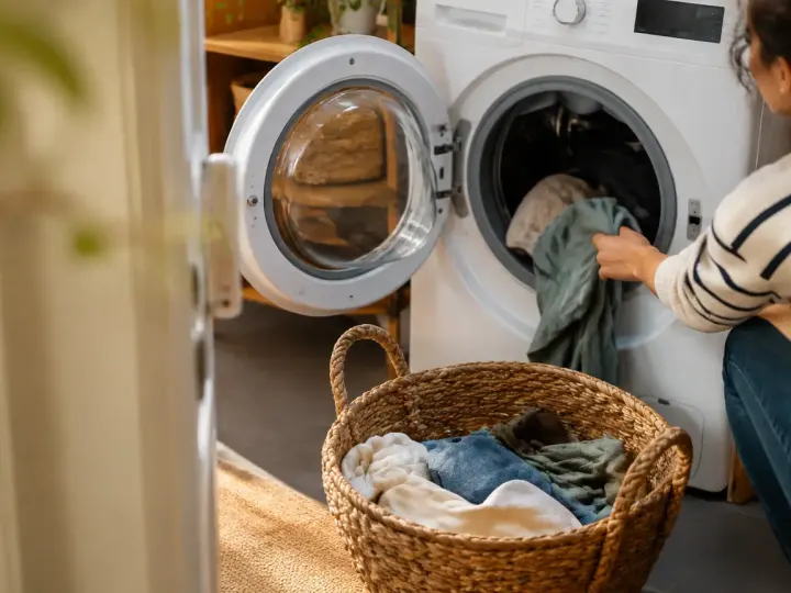 Lave-linge blanc ouvert, panier de linge au sol