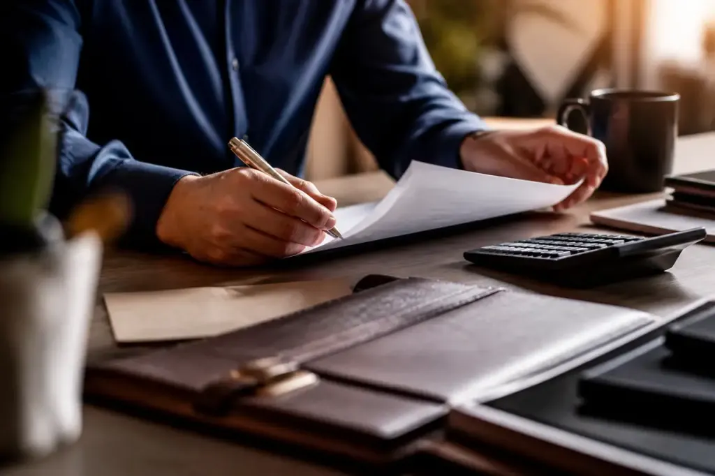 Lettre administrative ouverte sur un bureau avec calculatrice