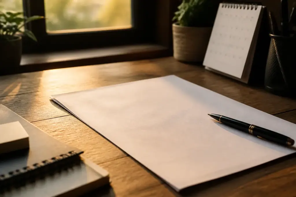 Lettre administrative ouverte sur un bureau, stylo et calendrier