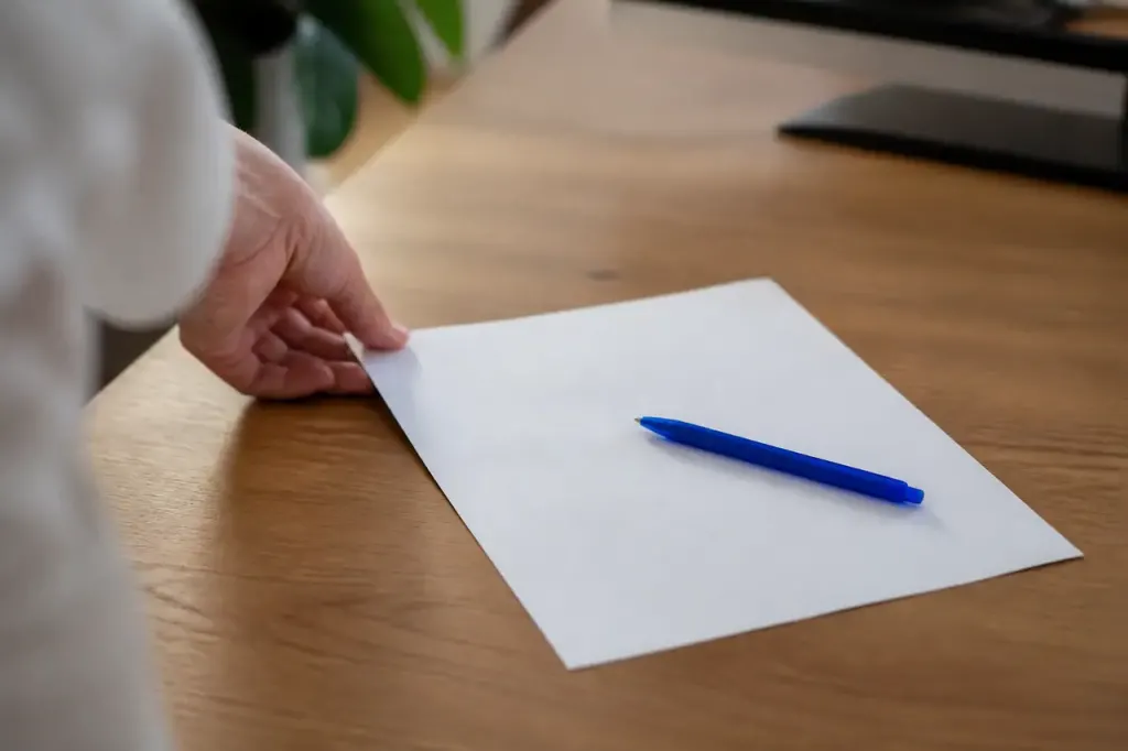 Lettre imprimee sur bureau avec stylo bleu